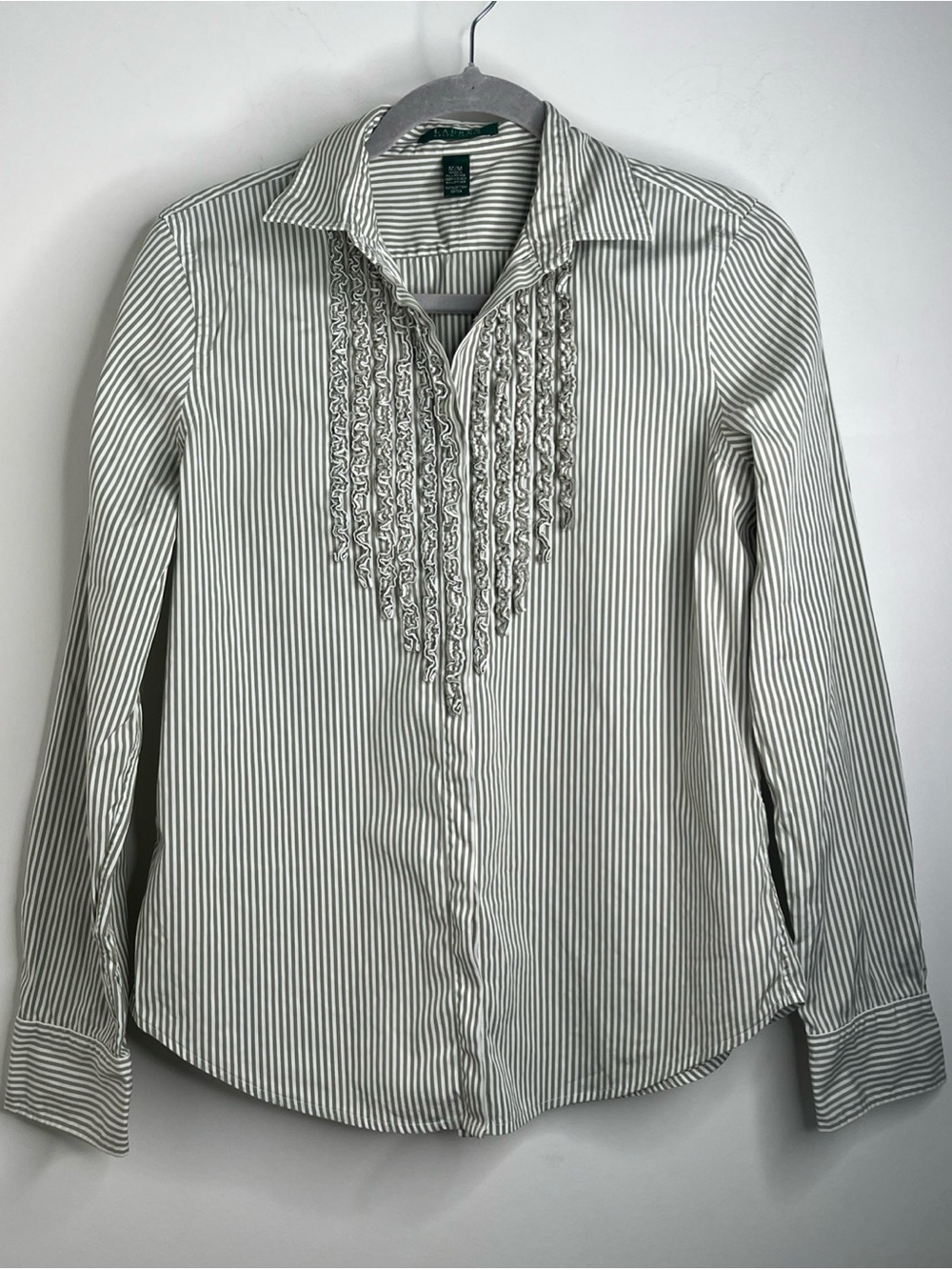 Lauren Ralph Lauren Tuxedo Style Ruffle Bib Green Striped Button Top Womens Med